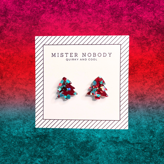 Red and Teal Glitter Christmas Tree Studs
