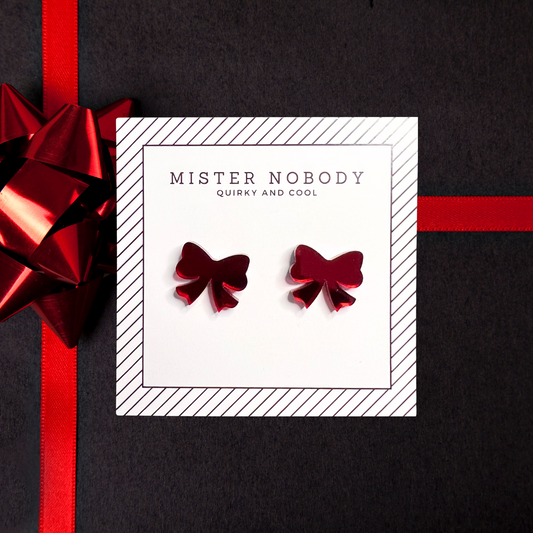 Cutesy Red Bow Mirror Studs