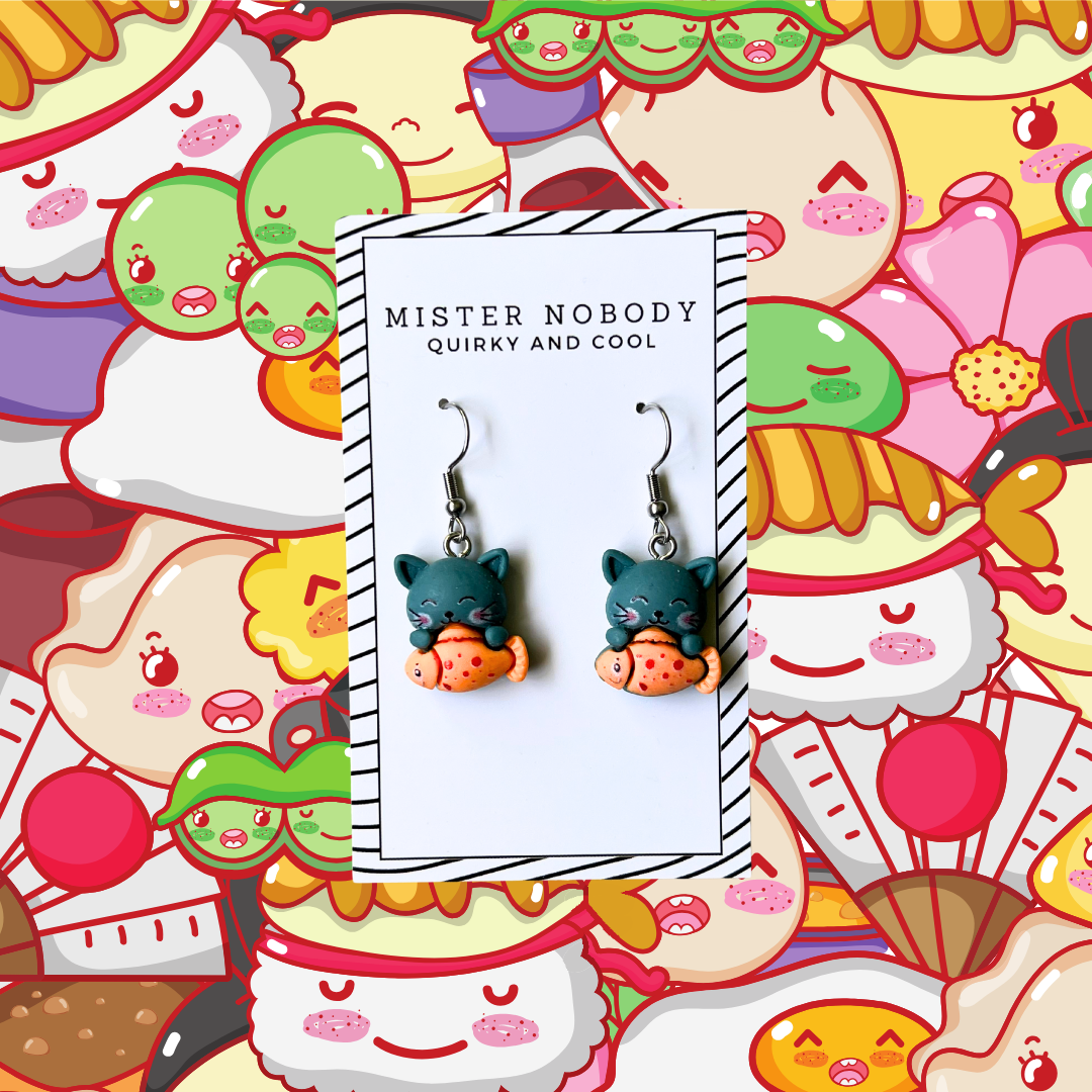 Kawaii Cat Eating Fish Mini Dangle